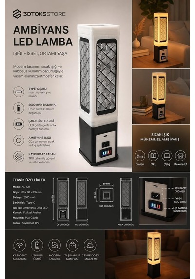 Tr Ambiyans Led Lamba Şarjlı Kablosuz, 2600 Mah Batarya, Type-c Şarj, Led Şarj Göstergesi, Modern Dekoratif Gec Diğer