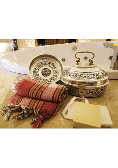 Bakır Hamam Seti Oyma Nakış İşleme Gümüş Renk Kalaylı Gümüş
