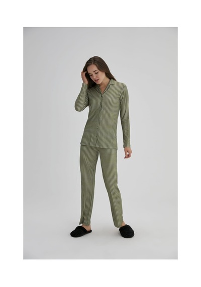 Eros 27690 Bayan Çizgili Gömlek Pijama Takımı Yeşil