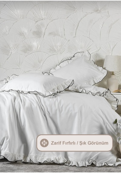 Nakışlı Beyaz Nevresim Takımı Seti Fırfırlı Krem