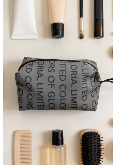 Vellamour Antrasit Yazı Desenli Fermuarlı Makyaj Çantası Suni Deri Kozmetik Organizer Unisex Kullanım