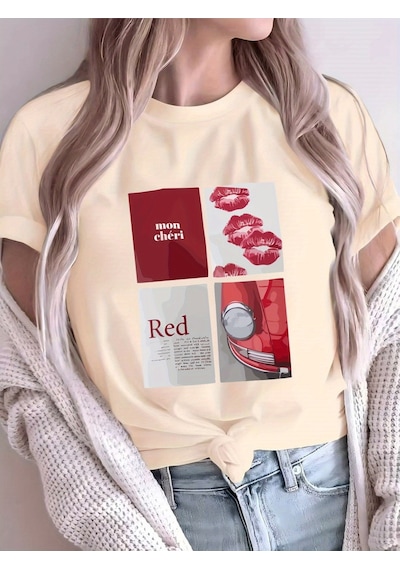 Uyguntarz Unisex Red Mon Cheri Baskılı Tasarım Tshirt Bej
