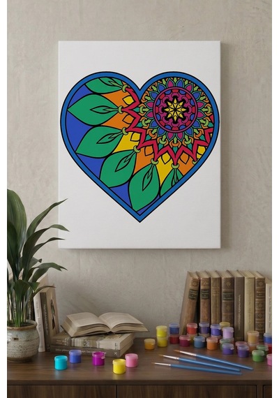 Yapraklı Kalp Desenli Mandala Ahşap Boyama Seti 40x50 Cm