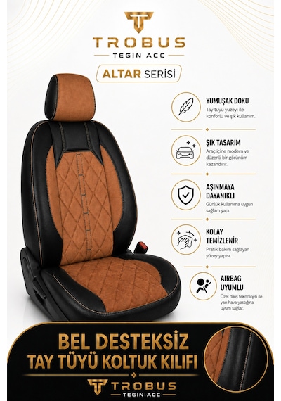 Fiat Egea Cross 2020+ Uyumlu Altar Serisi Tay Tüyü Taba Siyah Premium Koltuk Kılıfı