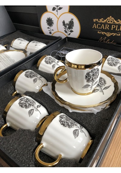 Acar Melody 6 Kişilik Porselen Kahve Fincanı Takımı 90 Ml 5142 Gold Model-4 Beyaz - Altın