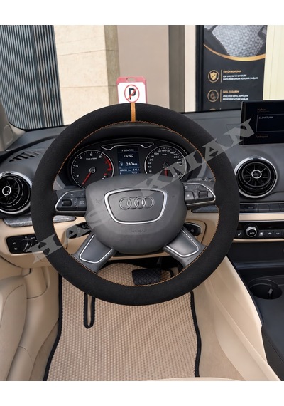 Audi A4 B8 Dikme Direksiyon Kılıfı Full Alcantara Süet Taba Yüzük Ve Taba Dikiş 2012-2015 Siyah