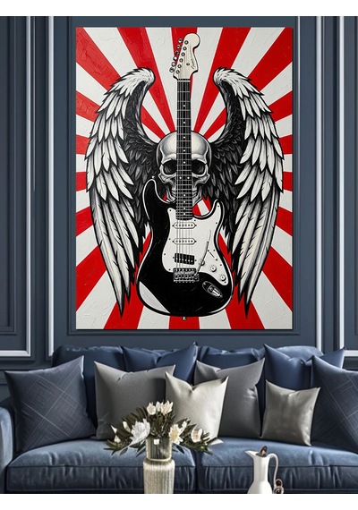 Kanatlı Kurukafa Ve Gitar Rock Konser Posteri Dekoratif Kanvas - Mdf Ahşap Tablo