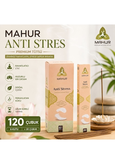 Mahur Anti Stres Premium Çubuk Tütsü 120 Adet 6 Kutu X 20 Çubuk, Hoş Kokulu Ev Ve Ortam Tütsüsü, Meditasyon, Yoga Ve G