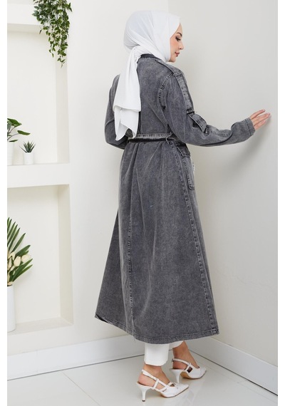 Hb Harma Time Butik Kadın Cepli Kuşaklı Denim Koyu Gri Trençkot Gri Gri
