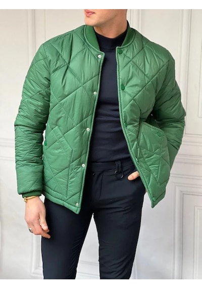 Modefendi Kolej Yaka Baklava Desen Ribana Detaylı %100 Boncuk Elyaf Bomber Mont Yeşil