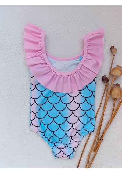 Bilge Trend Kız Çocuk Fırfır Detaylı Deniz Kızı Desenli Mayo Mavi - Pembe