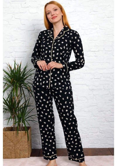 Alimer Kadın Siyah Çiçek Desen Likralı Pijama Takımı Edy2599ukl-s Siyah