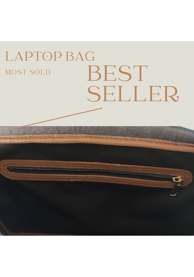 Hakiki Deri 14 İnç Laptop Çantası - El Dikimi Özel Tasarım Bilgisayar Çantası - Taba Taba Deri