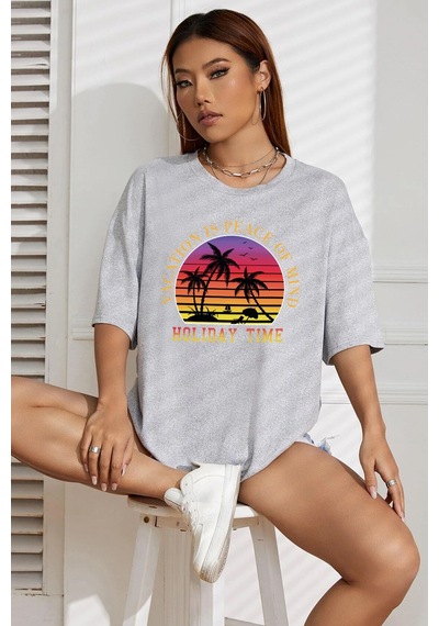 Unisex Holiday Time Tasarım Tshirt Gri
