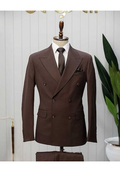 Bys Beystil Sivri Yaka Kahverengi Kruvaze Takım Elbise - Slim Fit
