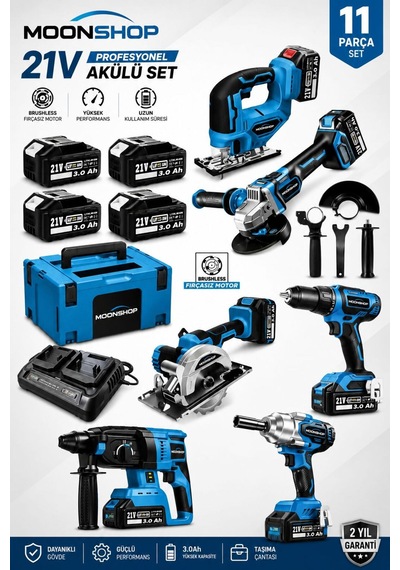 Moonshop DK011 21V DX-1079 Usta Seti 11 Parça Bl Motor Darbeli Matkap + Avuç Taşlama +  Somun Sıkma +  Daire Testere +  Dekupaj