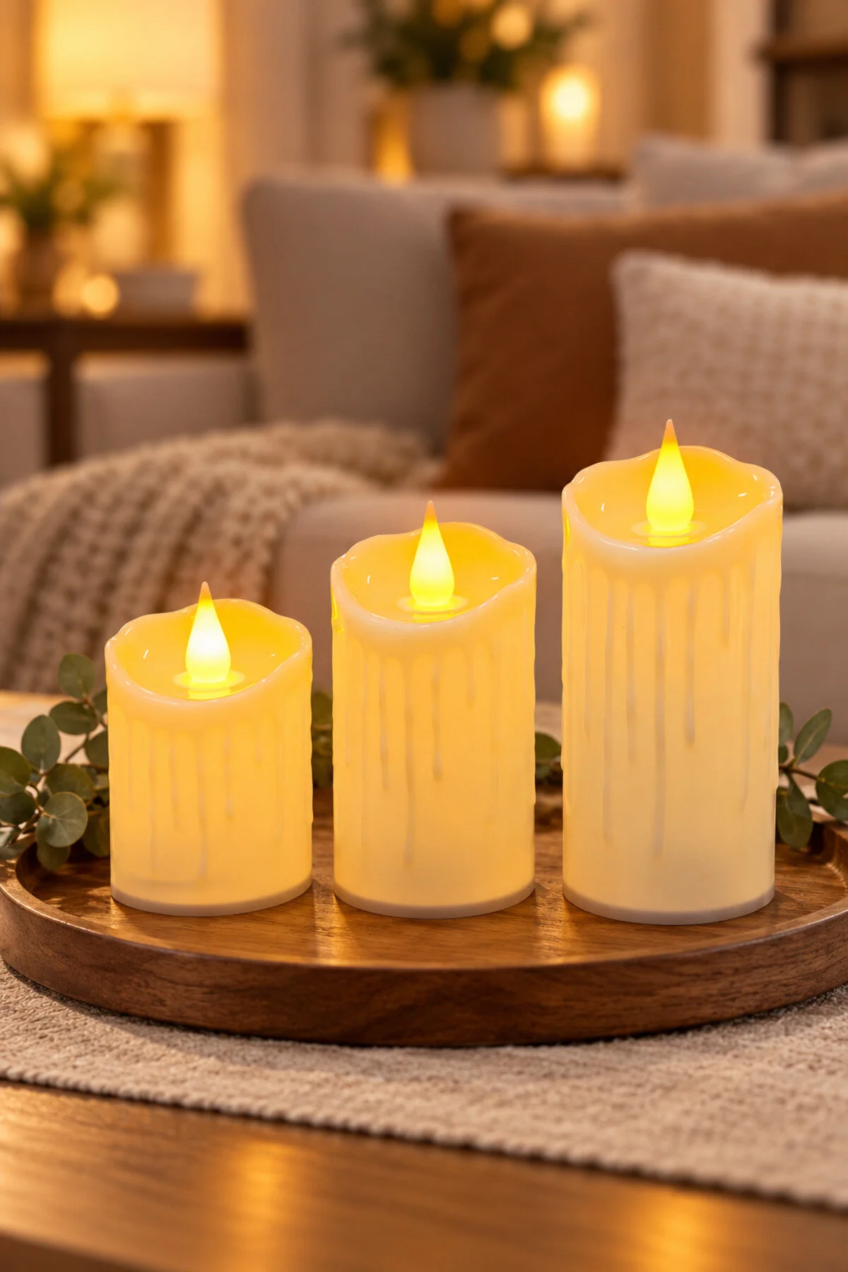 Erkugo 3 Lü Led Mum Seti 9-10-12 X 5 Cm Altın Pilli Hareketli Alev Efektli Dekoratif Mum Sarı