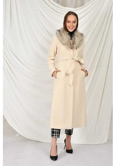 Lavajeans Kadın Yakası Kürklü Kaşe Kaban Bej
