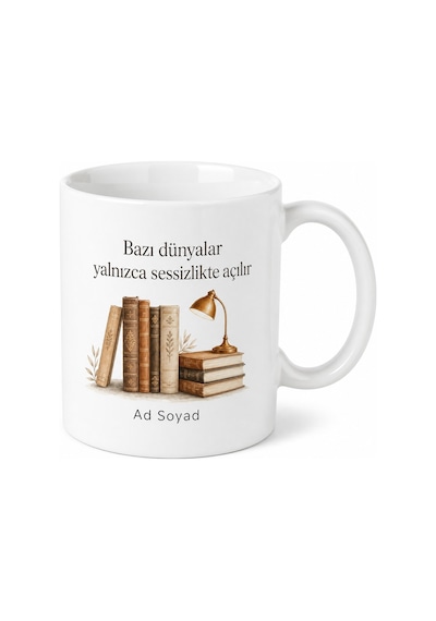 Kişiye Özel Kütüphane Sessizliği Temalı Kupa Bardak İsimli Hediye Beyaz / Çok Renkli