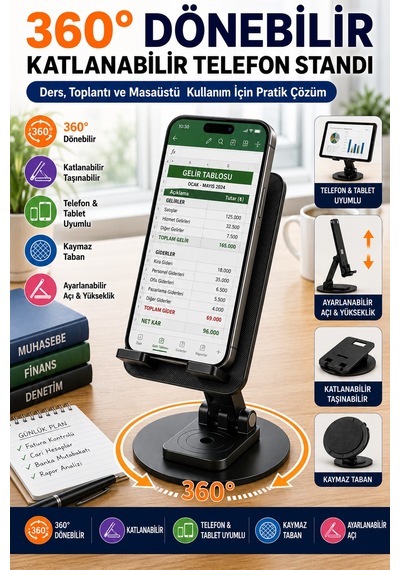 360 Dönebilir Katlanabilir Telefon Ve Tablet Standı Masaüstü Tutucu Ofis Ders Toplantı Aparatı