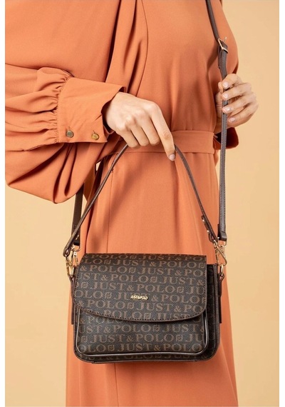 Just Polo Kahve Taba 2 Bölmeli Omuz Çantası Monogram 2197mh Kahverengi - Taba