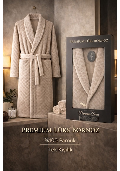 %100 Pamuktan Üretim Premium Lüks Bornoz Özel Çantalı Ekru