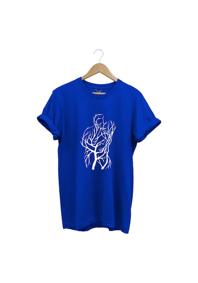 14 Şubat Sevgililer Günü Sarılan Çift Baskılı %100 Pamuk Regular Fit Bisiklet Yaka Mavi T-shirt Mavi