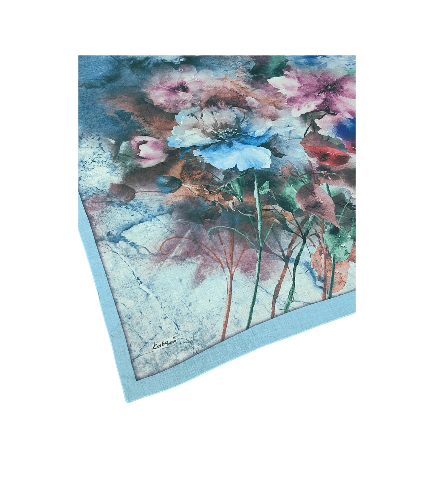 Mim Eşarp Enba Çiçek Desenli Pamuklu Eşarp 90x90 Cm Açık Mavi