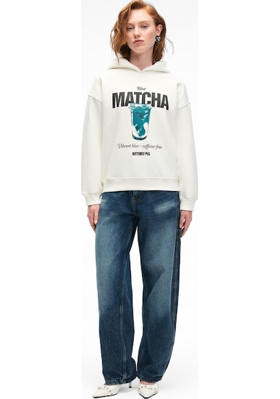 Grimelange YANMESA Kadın Oversize Baskı Ve Nakış Detaylı Uzun Kollu Kapüşonlu Beyaz Sweatshirt