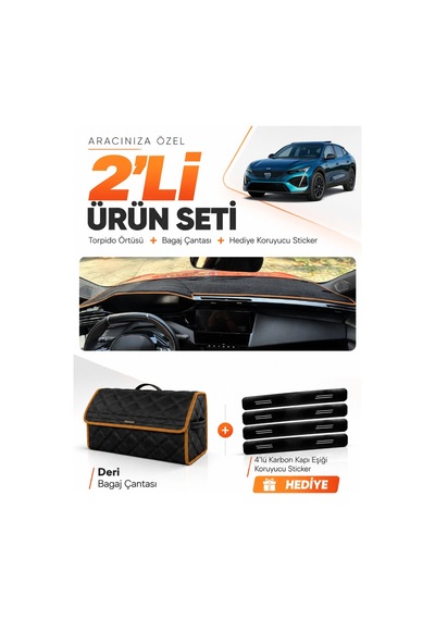 Peugeot 408 2022-2026 Uyumlu Torpido Örtüsü + Deri Bagaj Çantası + Sticker Seti - Siyah Kahverengi