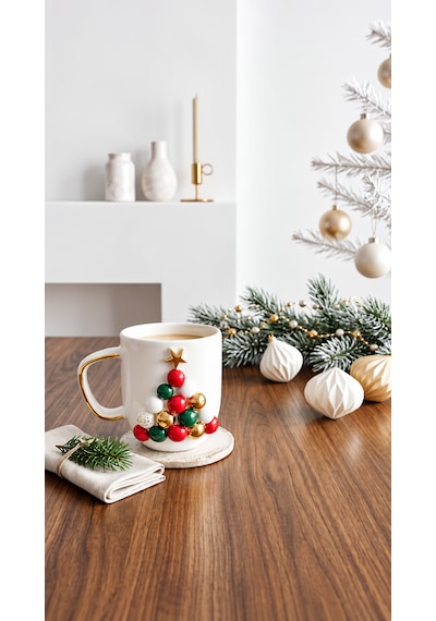 Yılbaşı Ağacı Kabartmalı Seramik Mug 300 Ml El Yapımı 24k Altın Detaylı Beyaz - Çok Renkli