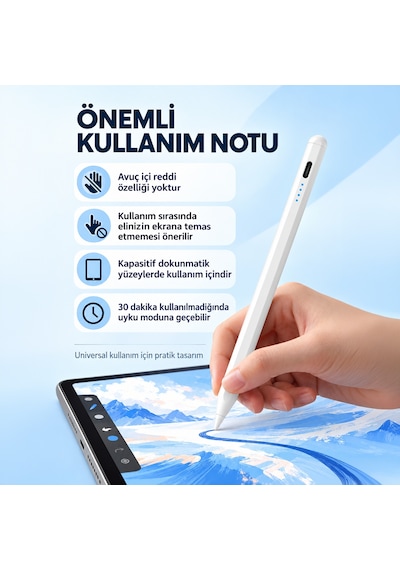 Samsung Galaxy A11 Plus X230 Uyumlu Type-c Şarjlı Aktif Stylus Dokunmatik Ekran Kalemi Not & Çizim Beyaz