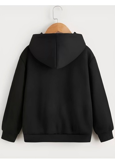 Çocuk Unisex Kapüşonlu Tatlı Kedi Baskılı Sweatshirt - Siyah