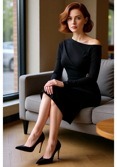 Ersefa Kadın Siyah Bodycon Siluet Asimetrik Yaka Uzun Kollu Elbise Sandy
