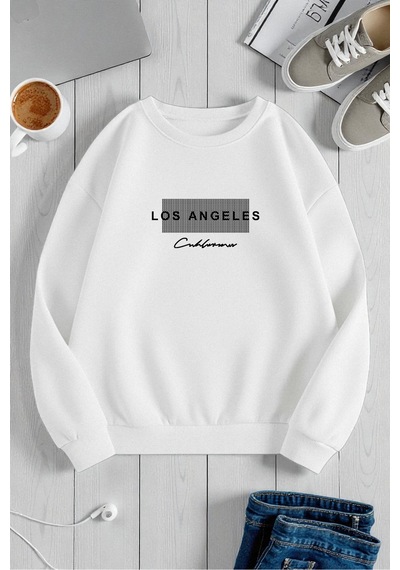 Uyguntarz Unisex Los Angeles Tasarım Baskılı Bisiklet Yaka Sweatshirt beyaz