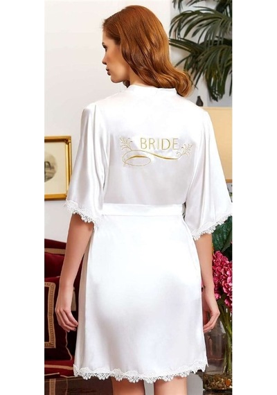 Jeremi 3212 Çeyizlik İpek Saten Bride Sabahlık - Krem Krem