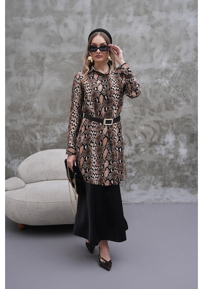 Polologin Butik Yılan Derisi Desenli Tunik Kahverengi & Siyah