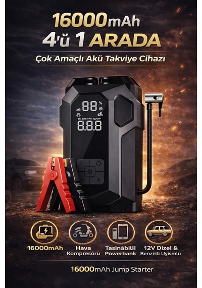 16000mah Akıllı Akü Takviye Cihazı Kompresörlü 4'ü 1 Arada Jump Starter Yeni Nesil