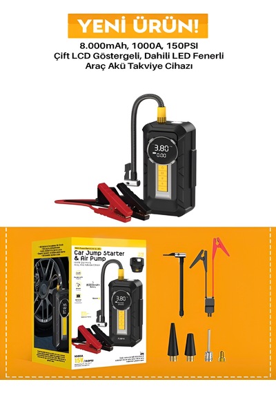 8000mah 1000a Akü Takviyeli Kompresör 150 Psı Çift Dijital Ekran Led Fenerli Hava Pompası Siyah - Abs+