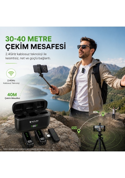 Kablosuz Yaka Mikrofonu 2'li Type-c & Lightning Uyumlu Şarj Kutulu Gürültü Azaltmalı İphone & Android Airmic Pro Ry-wm02