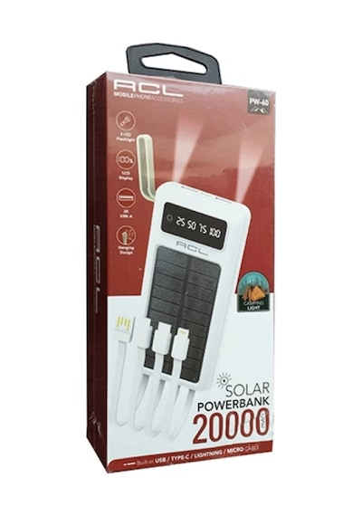 Acl Güneş Enerjili Solar 20.000 Mah 4lü Kablolu Led+fenerli Powerbank