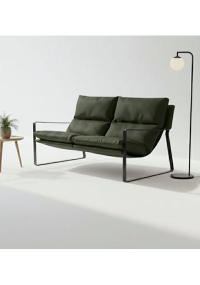 Sller Modern İkili Koltuk - Loft Tasarım Haki Deri/kumaş Bahçe Ve Balkon Kanepesi - Metal İskeletli 130 Cm Haki