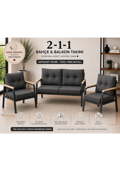 Balkon Ve Bahçe Takımı Cafe Oturma Grubu 2+1+1 Konforlu Lotus Serisi Antrasit