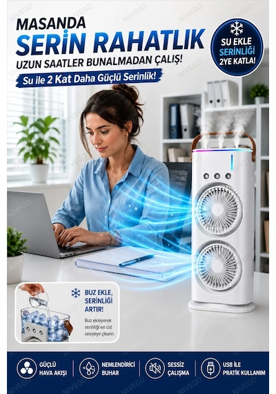 Çift Fanlı 1800 Mah Bataryalı 6000 Rpm 3 Kademeli Masaüstü Taşınabilir Sprey Fan Vantilatör Pervane