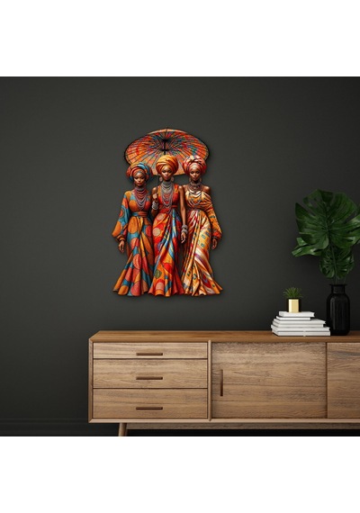 Şemsiye Altında Üç Afrikalı Kadın - Metal Tablo - Dec0272 62 X 95 Cm Çok Renkli