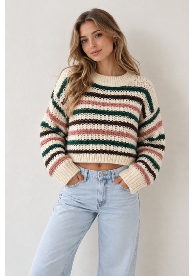 Lima Çok Renkli Kadın Ekru Çizgili Crop Triko Kazak Bisiklet Yaka Oversize Uzun Kollu Örgü Kazak Lima Çok Renkli Kadın Ekru Çizgili Crop Triko Kazak Bisiklet Yaka Oversize Uzun Kollu Örgü Kazak