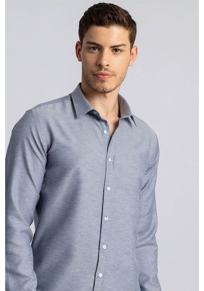 Tudors Modern Slim Fit Dar Kesim Armürlü Erkek Gömlek-14658 Lacivert