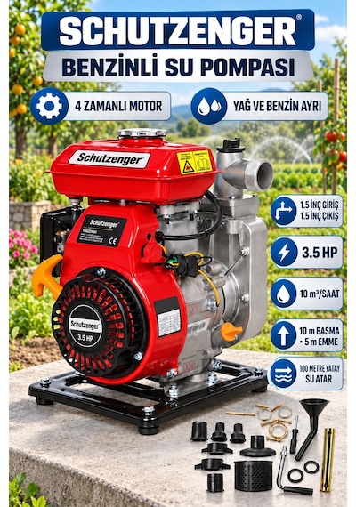 4 Zamanlı Benzinli Su Pompası 3.5 Hq 1.5 Inç Çıkış 100mt Yatay Atar Tarla Bahçe Sulama 5 Mt Emiş Kırmızı201