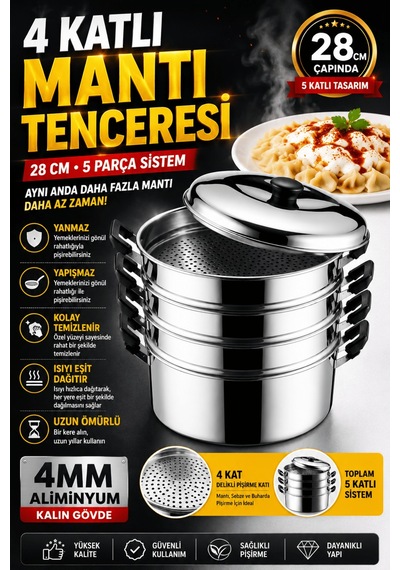 Buharlı Alüminyum Mantı Tenceresi 28 Cm 4 Katlı Özbek Kazak Mantı Pişirme Tenceresi Gri