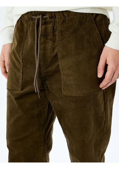 Koton Pamuklu Beli Bağcıklı Fitilli Kadife Jogger Pantolon Haki 5wam40093hw Haki
